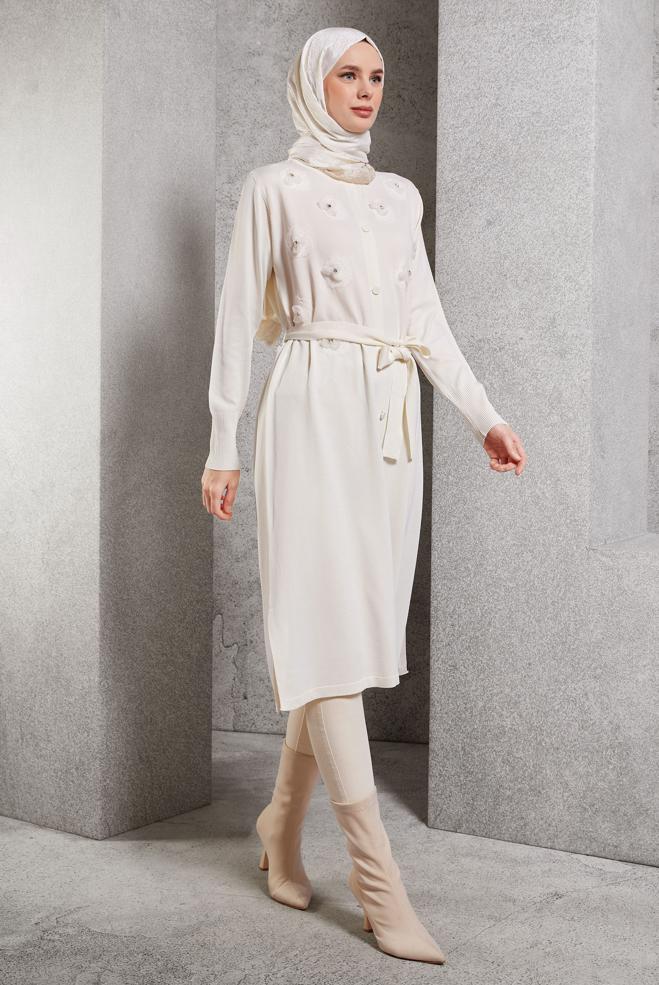 Hijab clothing WHITE BELTED KNITWEAR CARDIGAN 44996 - ALVİNA