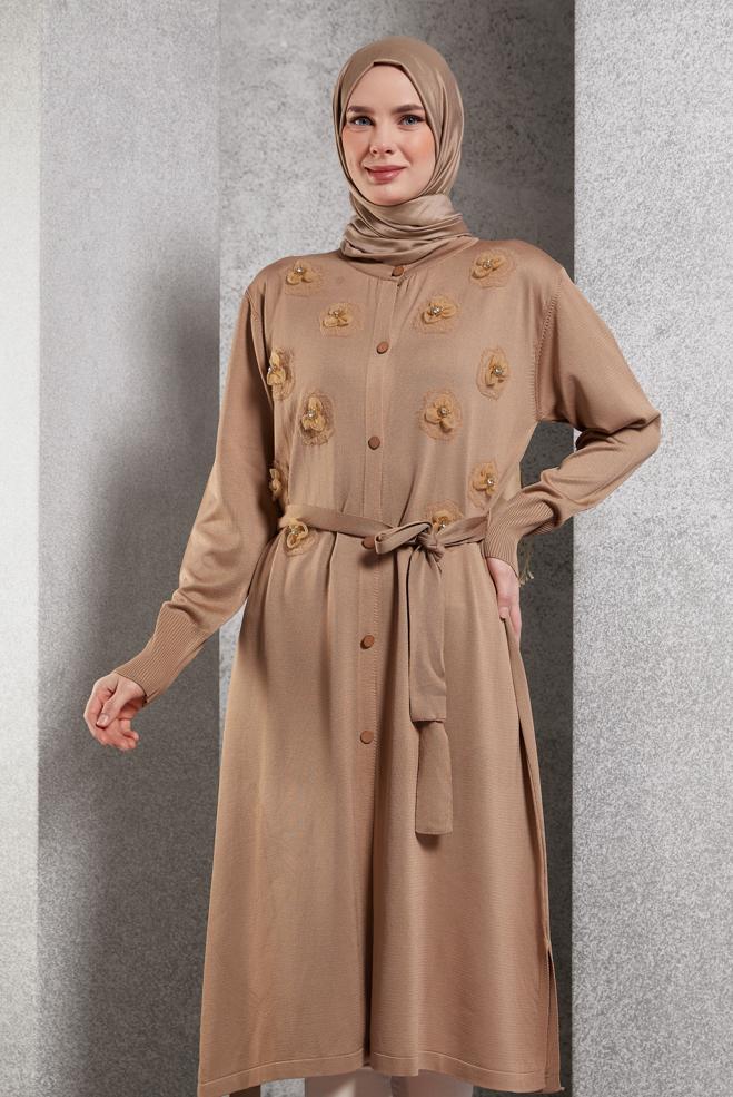 Hijab clothing BROWN BELTED KNITWEAR CARDIGAN 44996 - ALVİNA