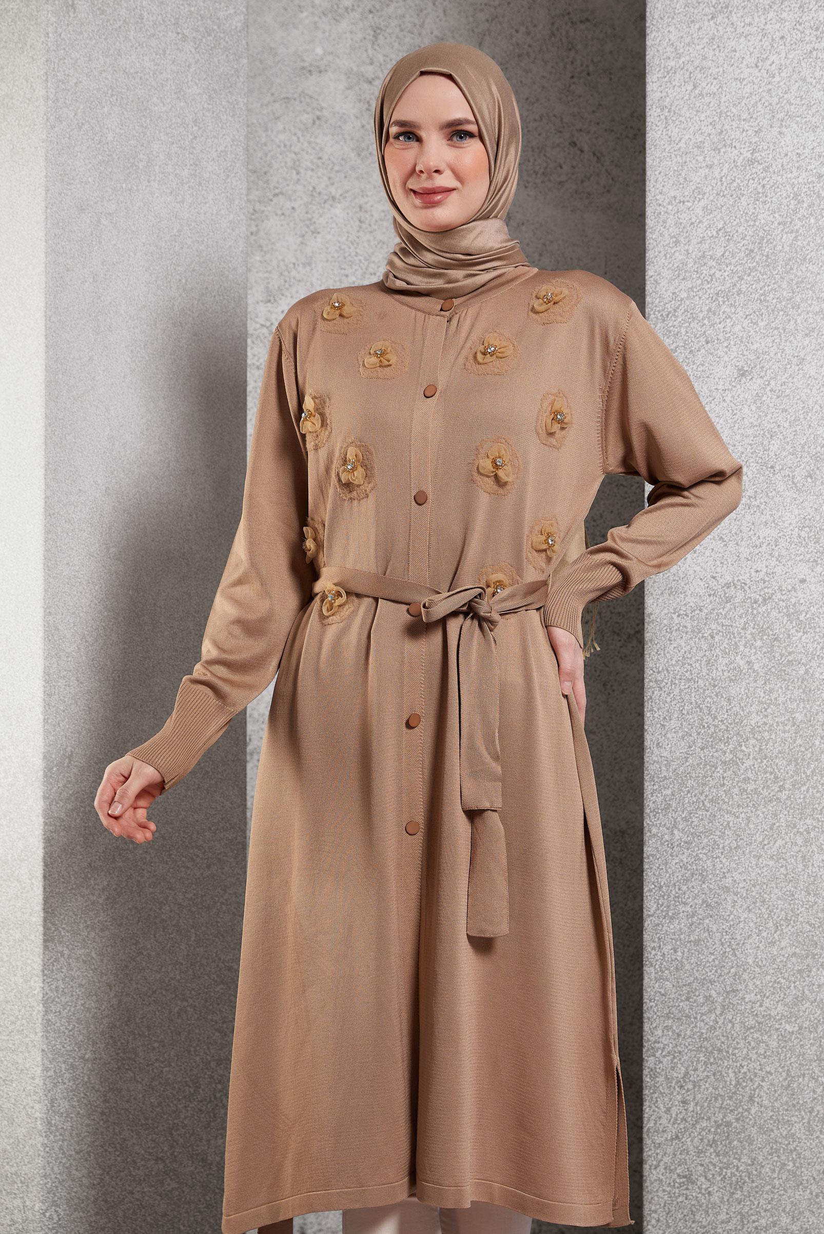 Tesettür giyim KAHVE KUŞAKLI TRİKO HIRKA 44996
