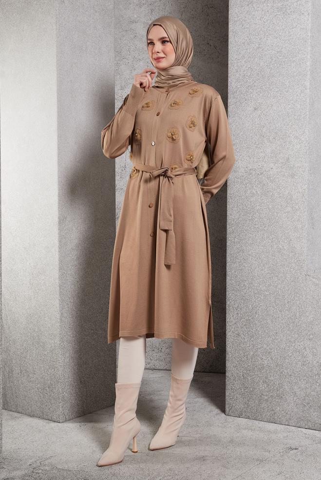 Hijab clothing BROWN BELTED KNITWEAR CARDIGAN 44996 - ALVİNA