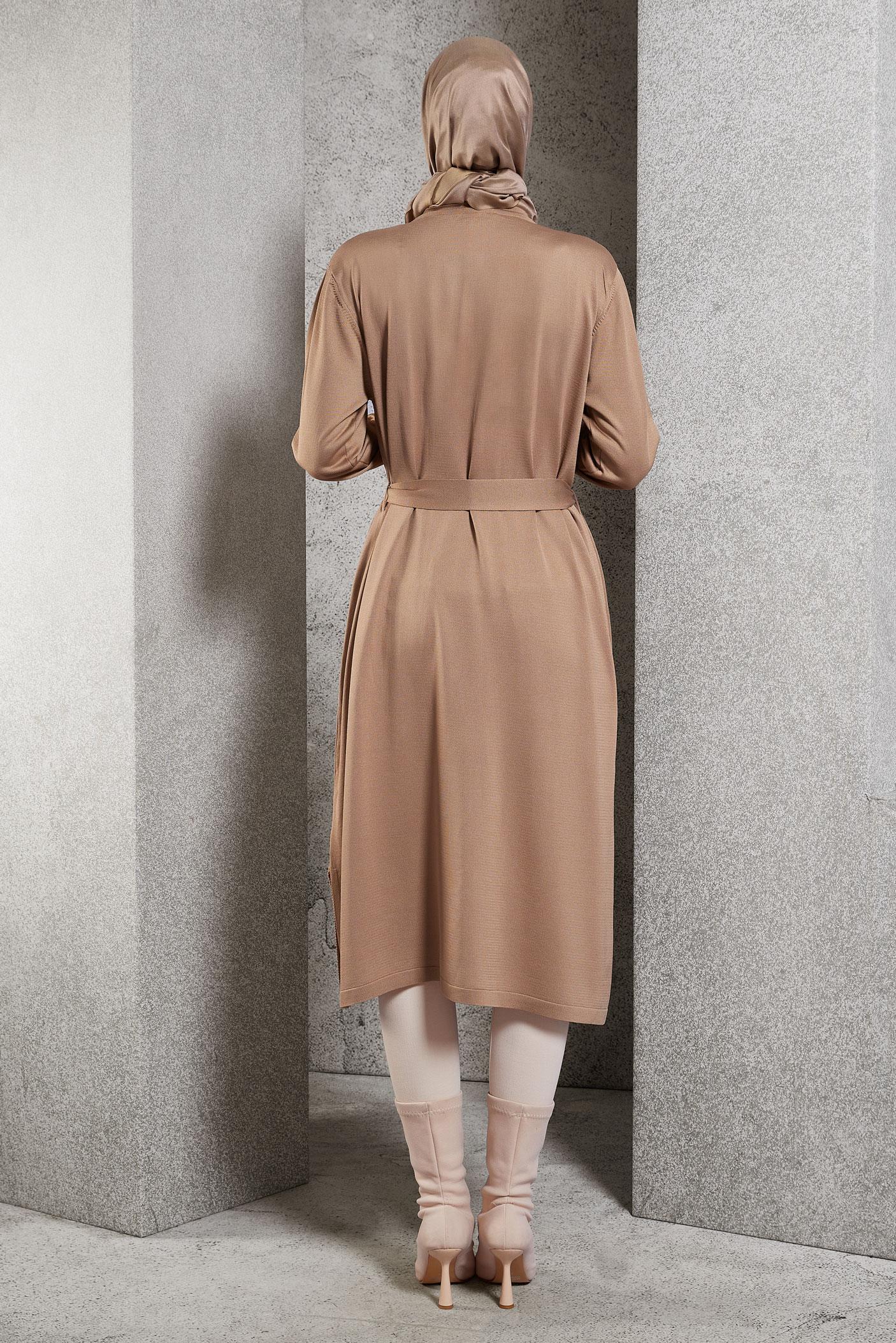 Tesettür giyim KAHVE KUŞAKLI TRİKO HIRKA 44996