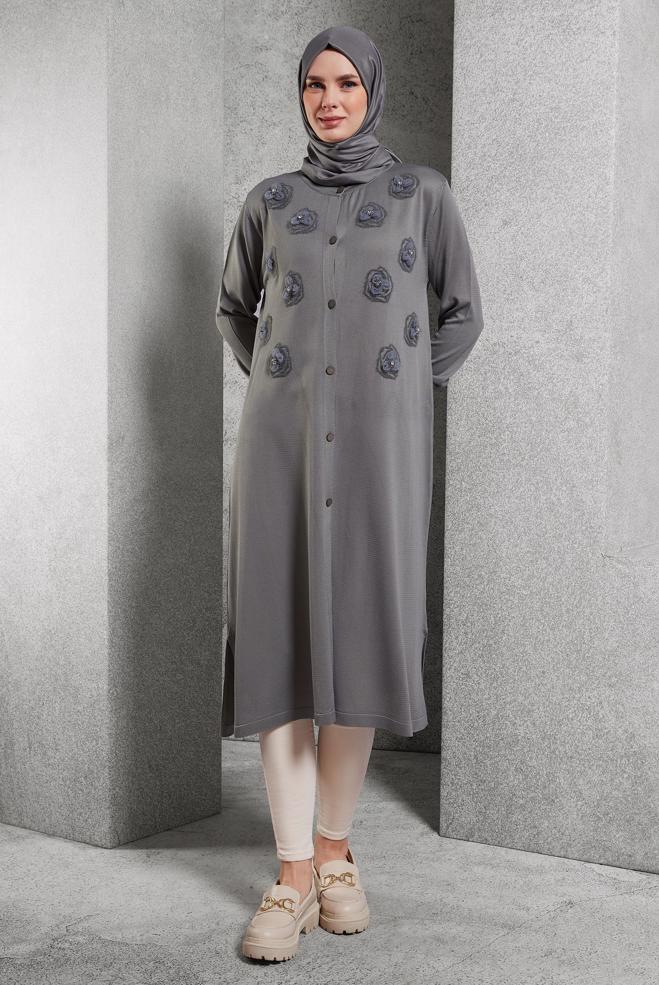 Hijab clothing GREY BELTED KNITWEAR CARDIGAN 44996 - ALVİNA