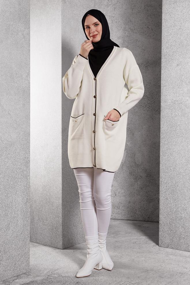 Tesettür giyim BEYAZ TRİKO HIRKA 44997 - ALVİNA