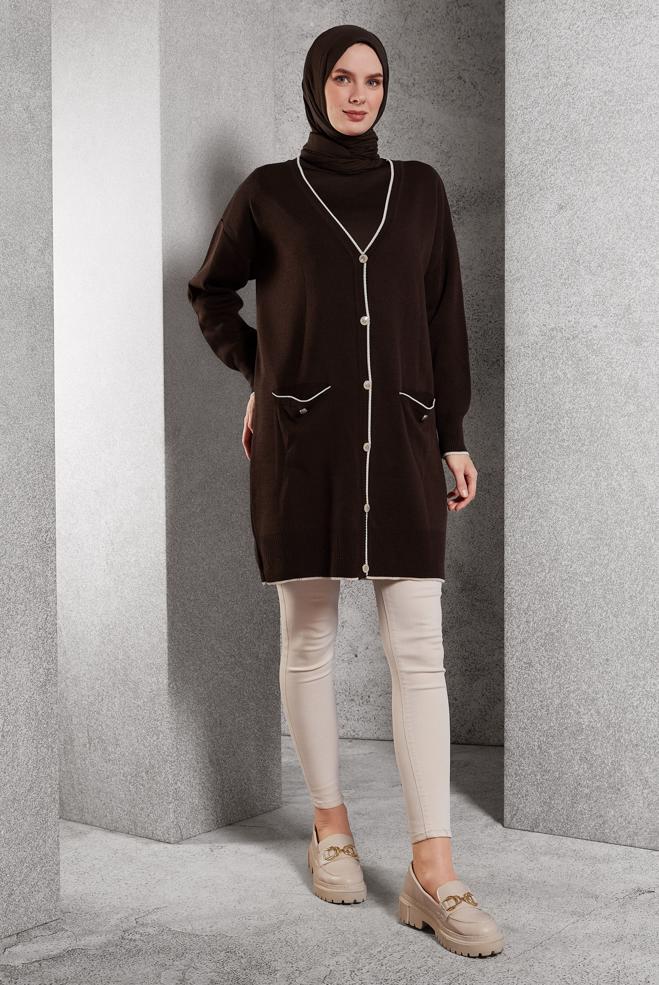 Tesettür giyim KAHVE TRİKO HIRKA 44997 - ALVİNA