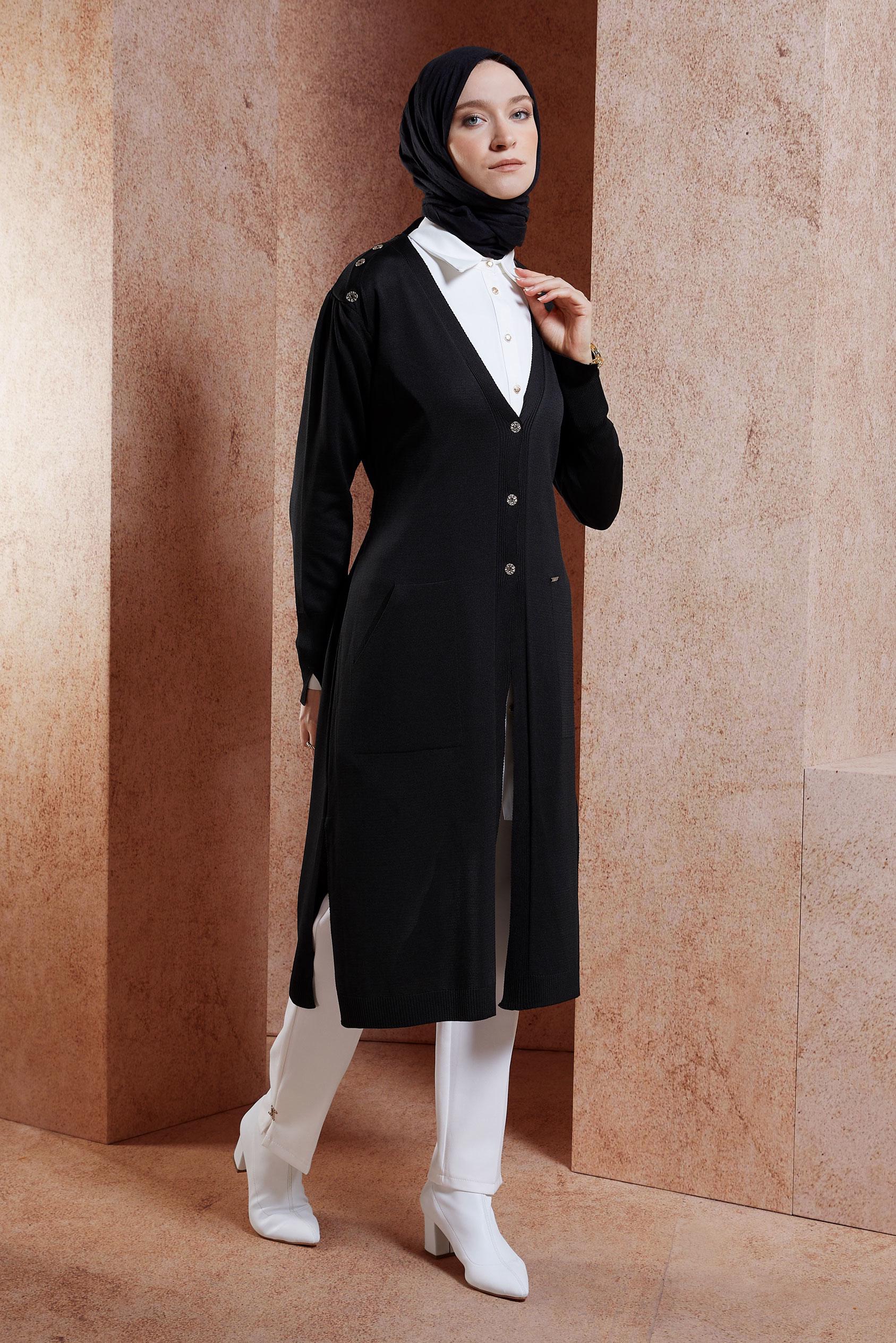 Hijab clothing BLACK BELTED KNITWEAR CARDIGAN 45001