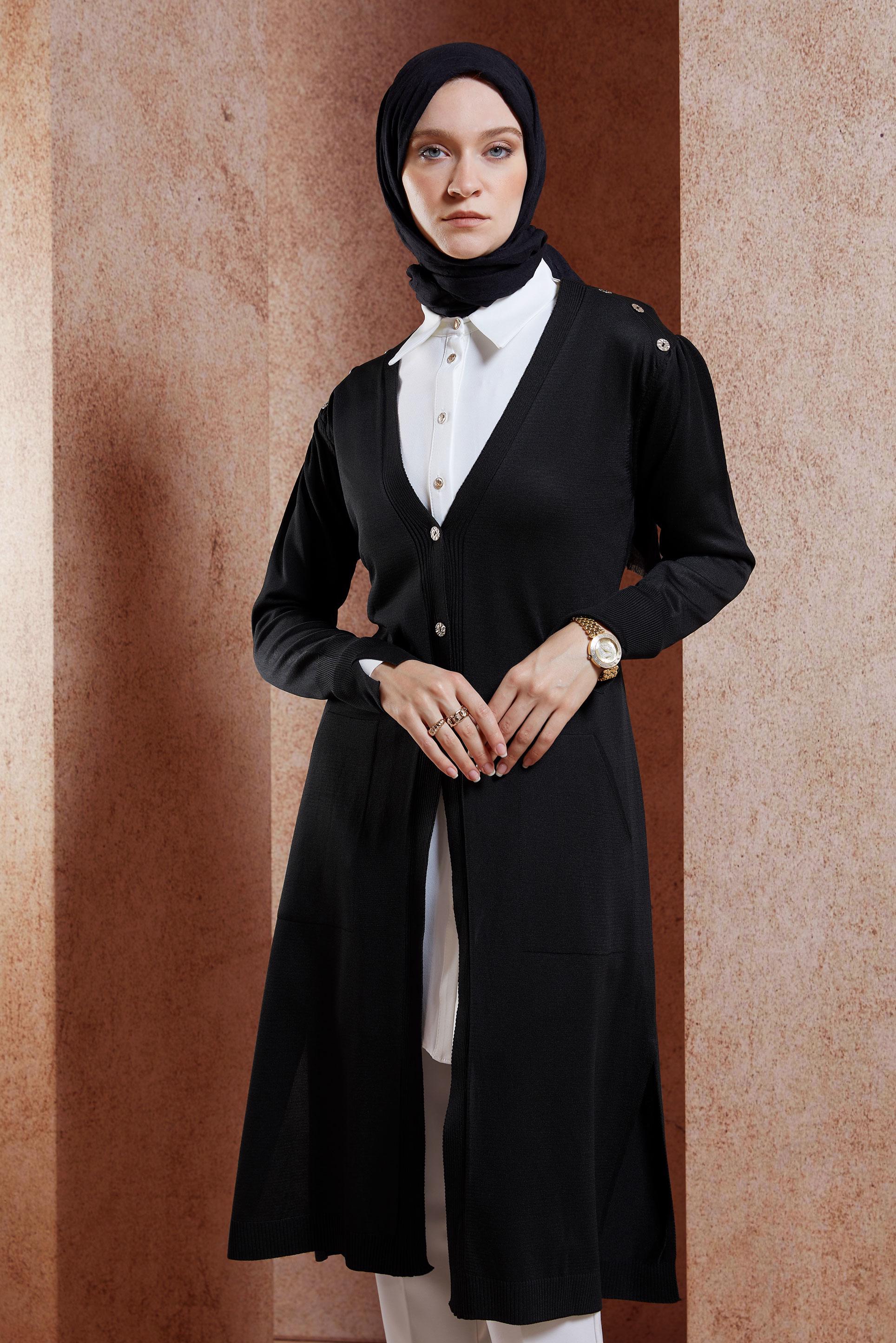 Hijab clothing BLACK BELTED KNITWEAR CARDIGAN 45001