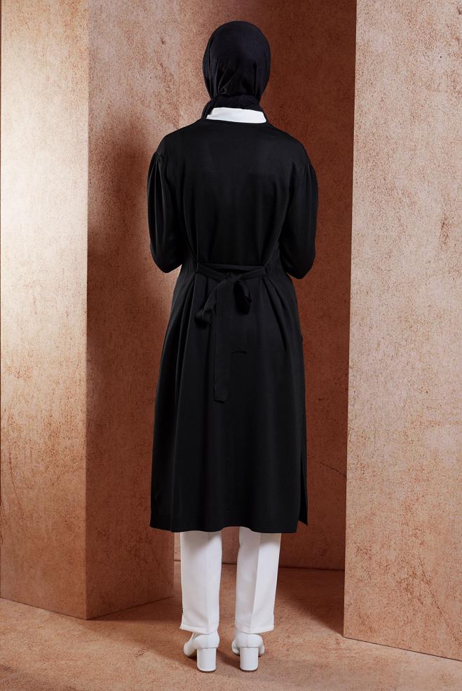 Hijab clothing BLACK BELTED KNITWEAR CARDIGAN 45001 - ALVİNA