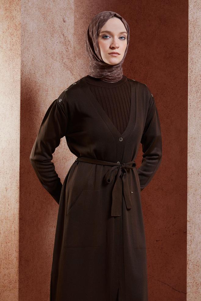 Vêtements hijab BRUN CARDIGAN EN MAILLE AVEC CEINTURE 45001 - ALVİNA