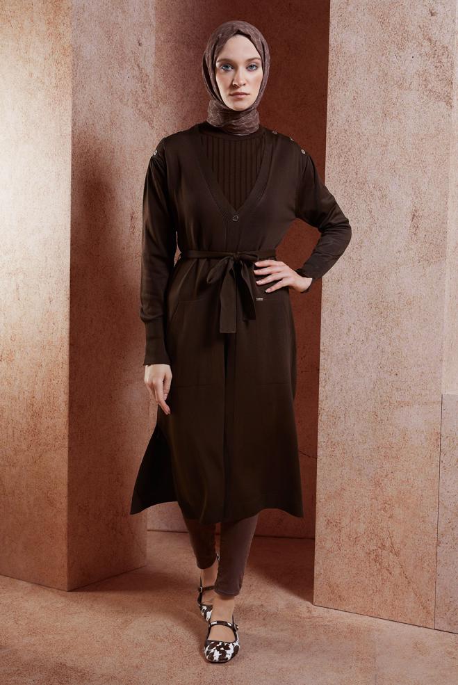 Vêtements hijab BRUN CARDIGAN EN MAILLE AVEC CEINTURE 45001 - ALVİNA