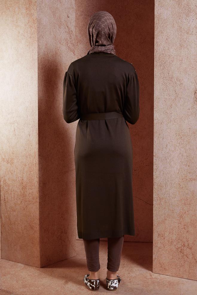 Vêtements hijab BRUN CARDIGAN EN MAILLE AVEC CEINTURE 45001 - ALVİNA