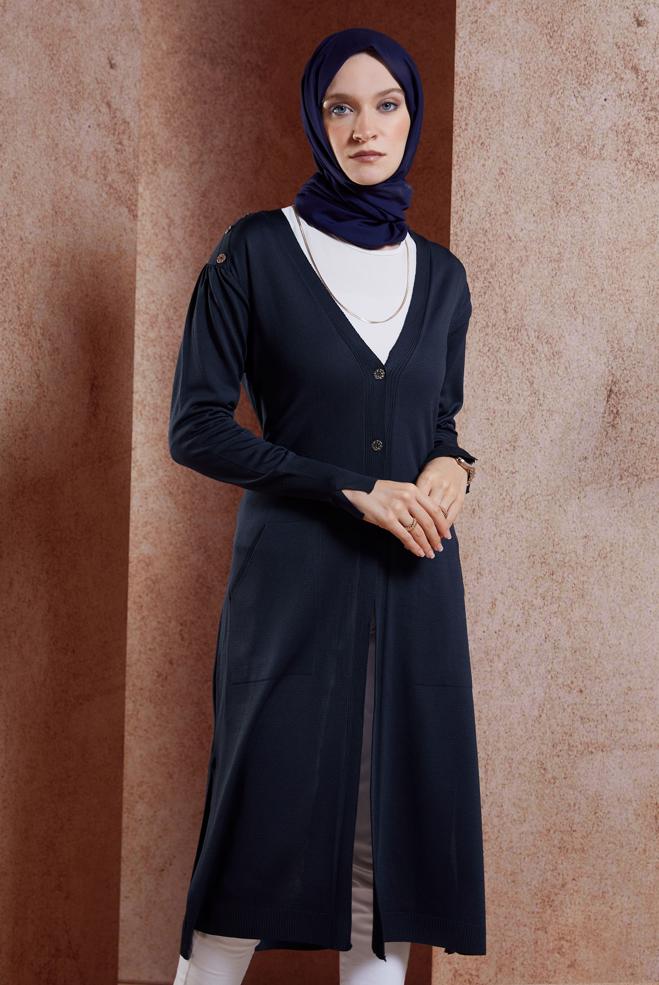 Vêtements hijab BLEU MARINE CARDIGAN EN MAILLE AVEC CEINTURE 45001 - ALVİNA