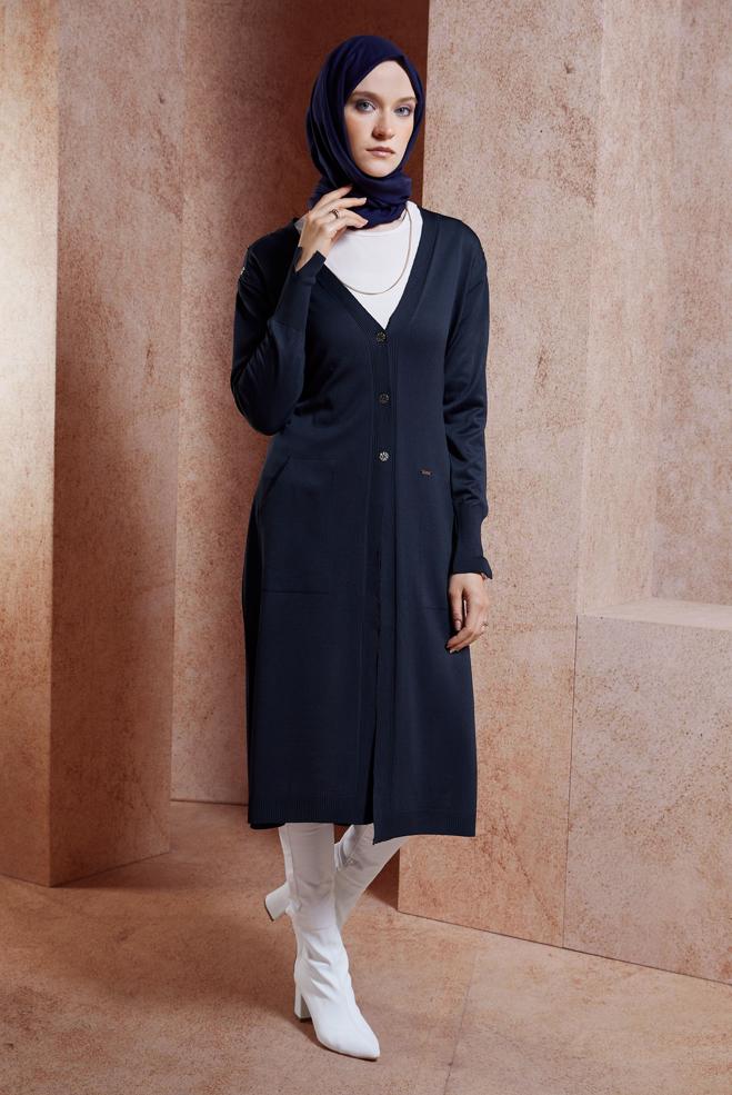 Vêtements hijab BLEU MARINE CARDIGAN EN MAILLE AVEC CEINTURE 45001 - ALVİNA