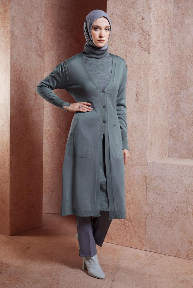 Hijab clothing GREY BELTED KNITWEAR CARDIGAN 45001 - ALVİNA