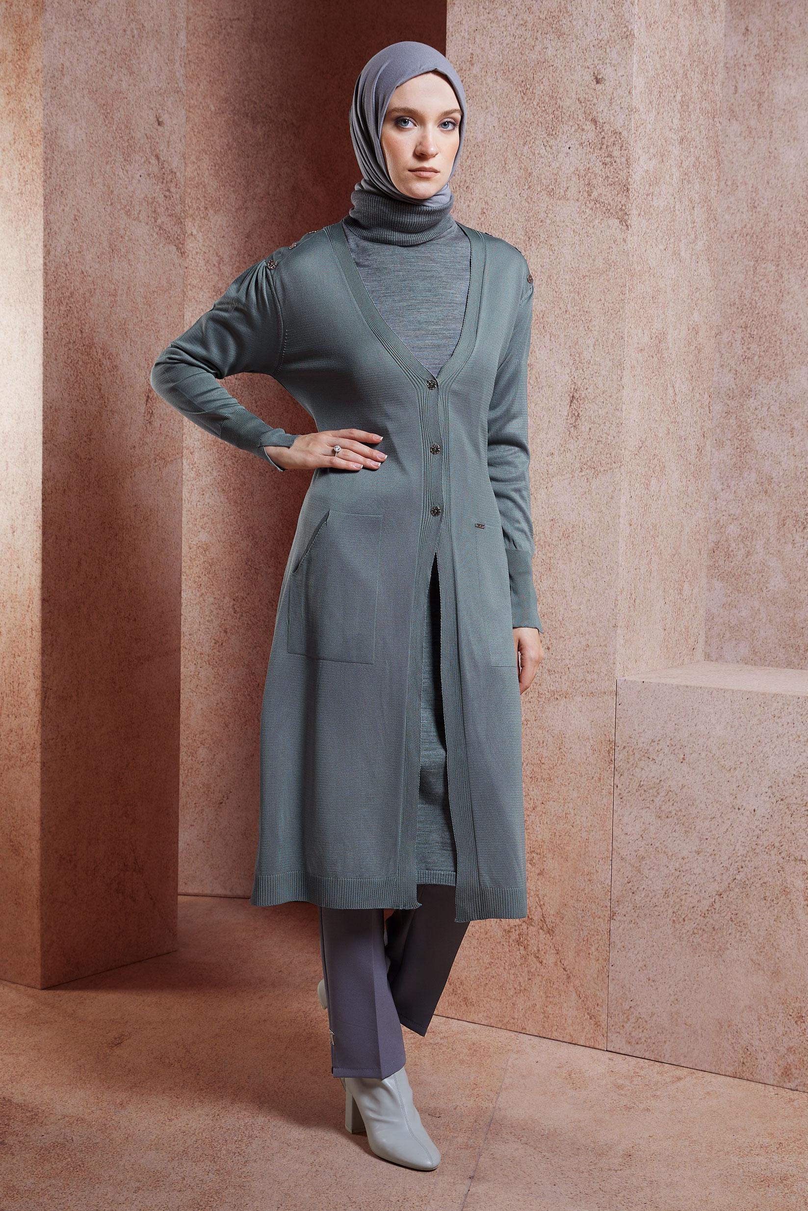 Hijab clothing GREY BELTED KNITWEAR CARDIGAN 45001