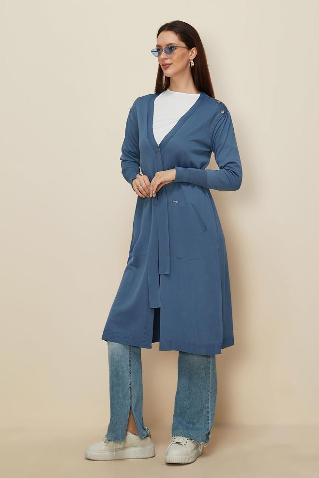 Hijab clothing NAVY BLUE BELTED KNITWEAR CARDIGAN 45001 - ALVİNA