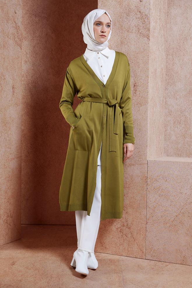 Vêtements hijab VERT CARDIGAN EN MAILLE AVEC CEINTURE 45001 - ALVİNA