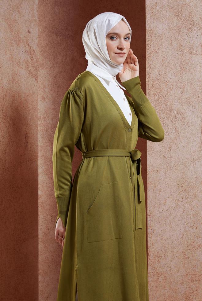 Vêtements hijab VERT CARDIGAN EN MAILLE AVEC CEINTURE 45001 - ALVİNA