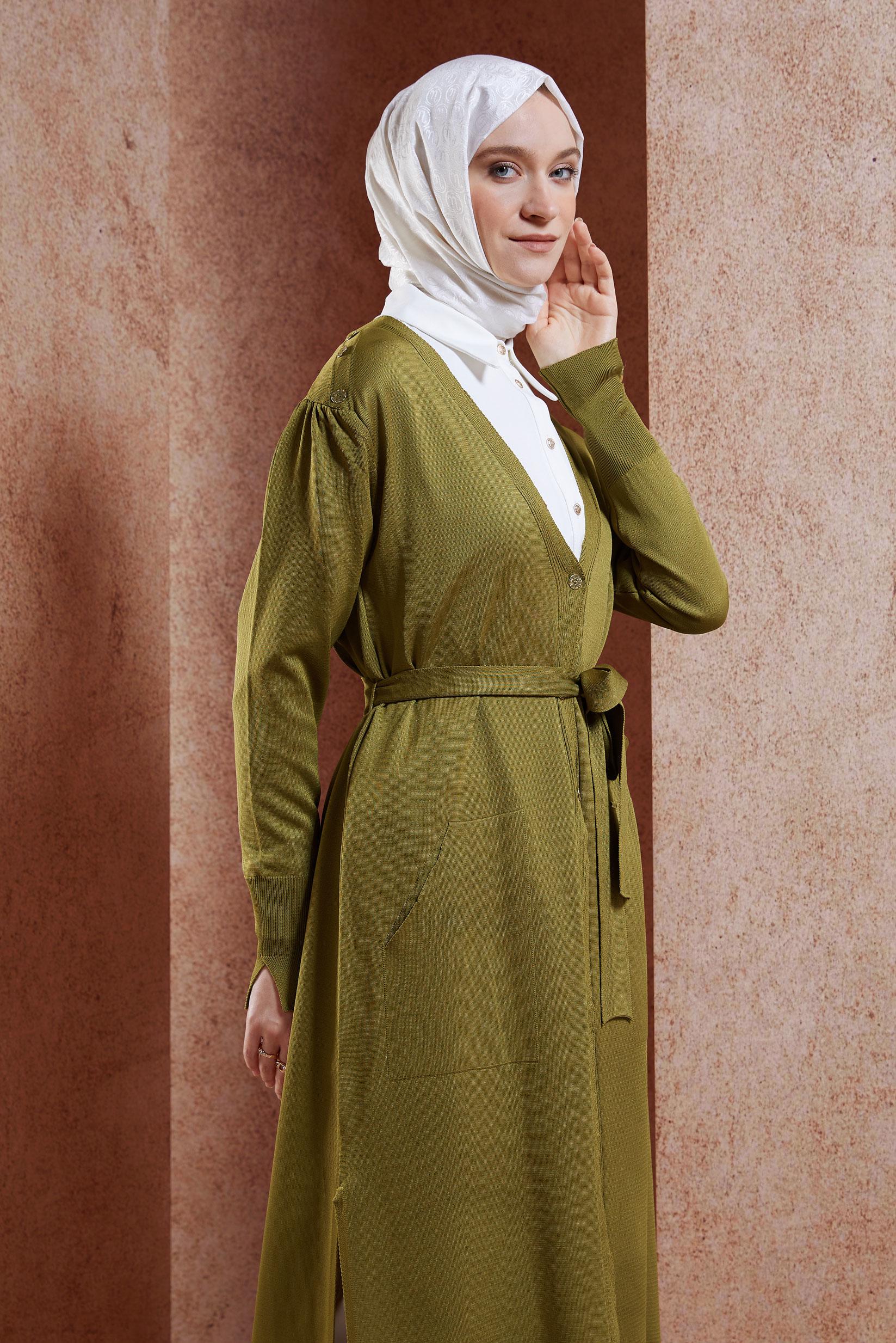 Vêtements hijab VERT CARDIGAN EN MAILLE AVEC CEINTURE 45001