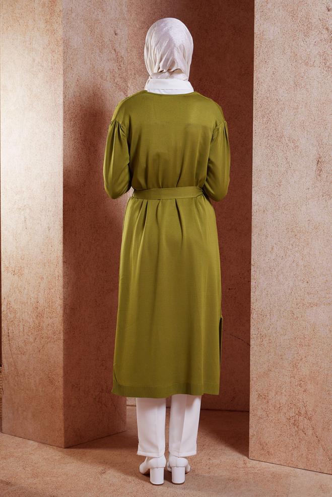 Vêtements hijab VERT CARDIGAN EN MAILLE AVEC CEINTURE 45001 - ALVİNA