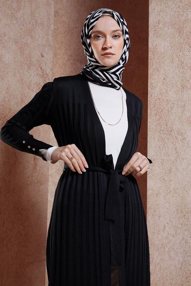 Vêtements hijab NOIR CARDIGAN EN MAILLE AVEC CEINTURE 45002 - ALVİNA