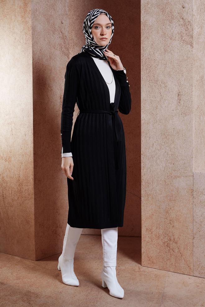 Vêtements hijab NOIR CARDIGAN EN MAILLE AVEC CEINTURE 45002 - ALVİNA