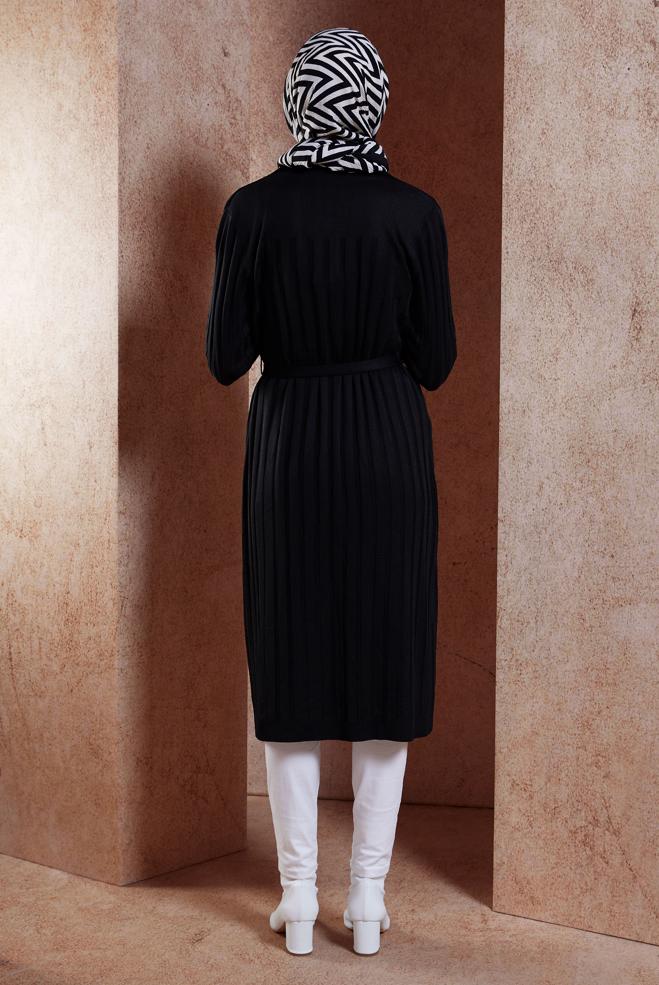 Vêtements hijab NOIR CARDIGAN EN MAILLE AVEC CEINTURE 45002 - ALVİNA