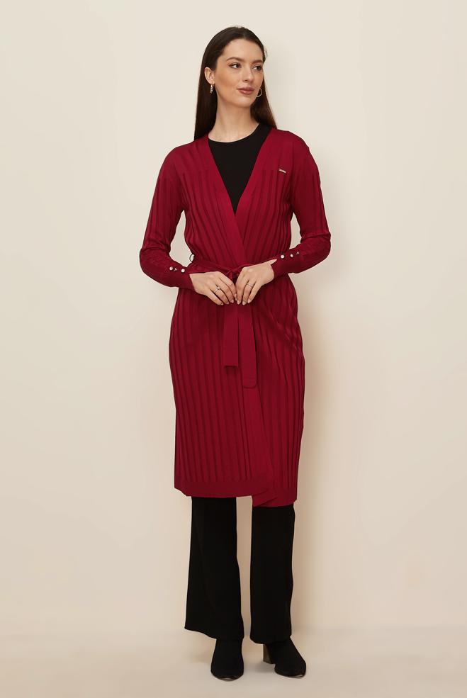 Hijab clothing RED BELTED KNITWEAR CARDIGAN 45002 - ALVİNA