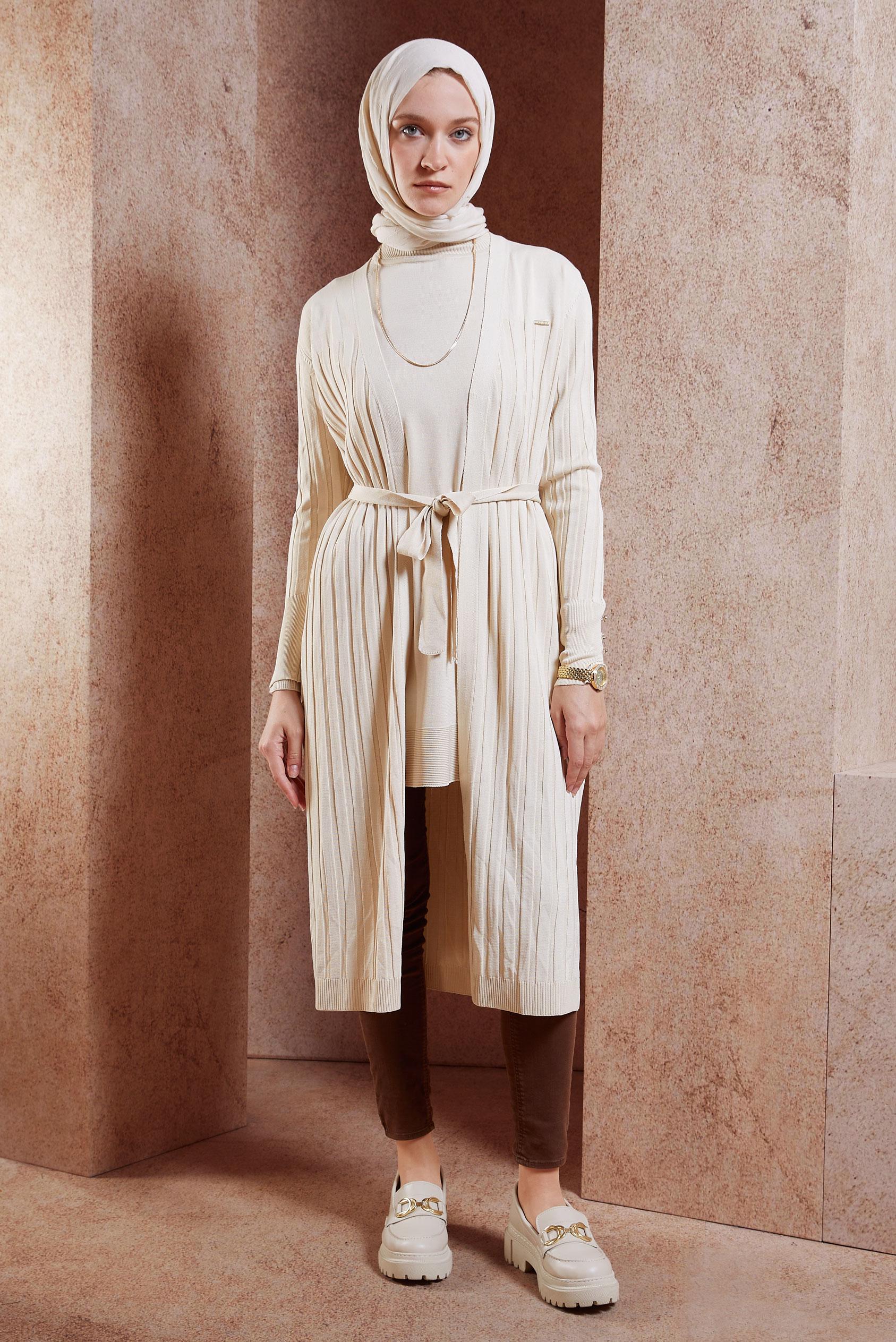 Hijab clothing BEIGE BELTED KNITWEAR CARDIGAN 45002