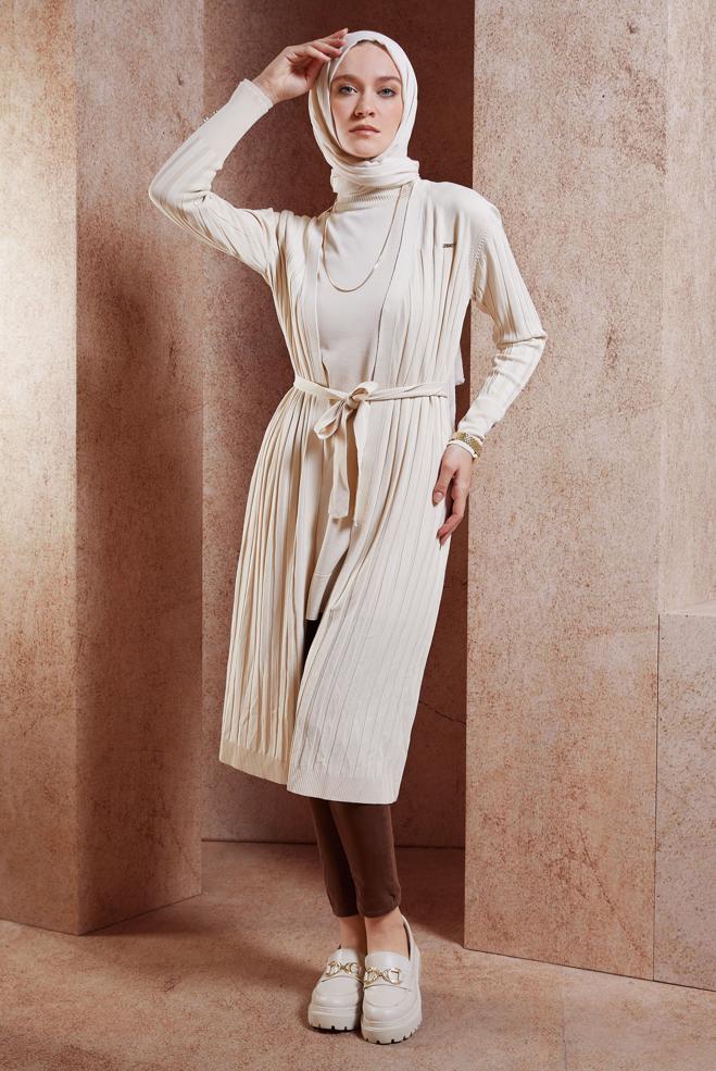 Hijab clothing BEIGE BELTED KNITWEAR CARDIGAN 45002 - ALVİNA