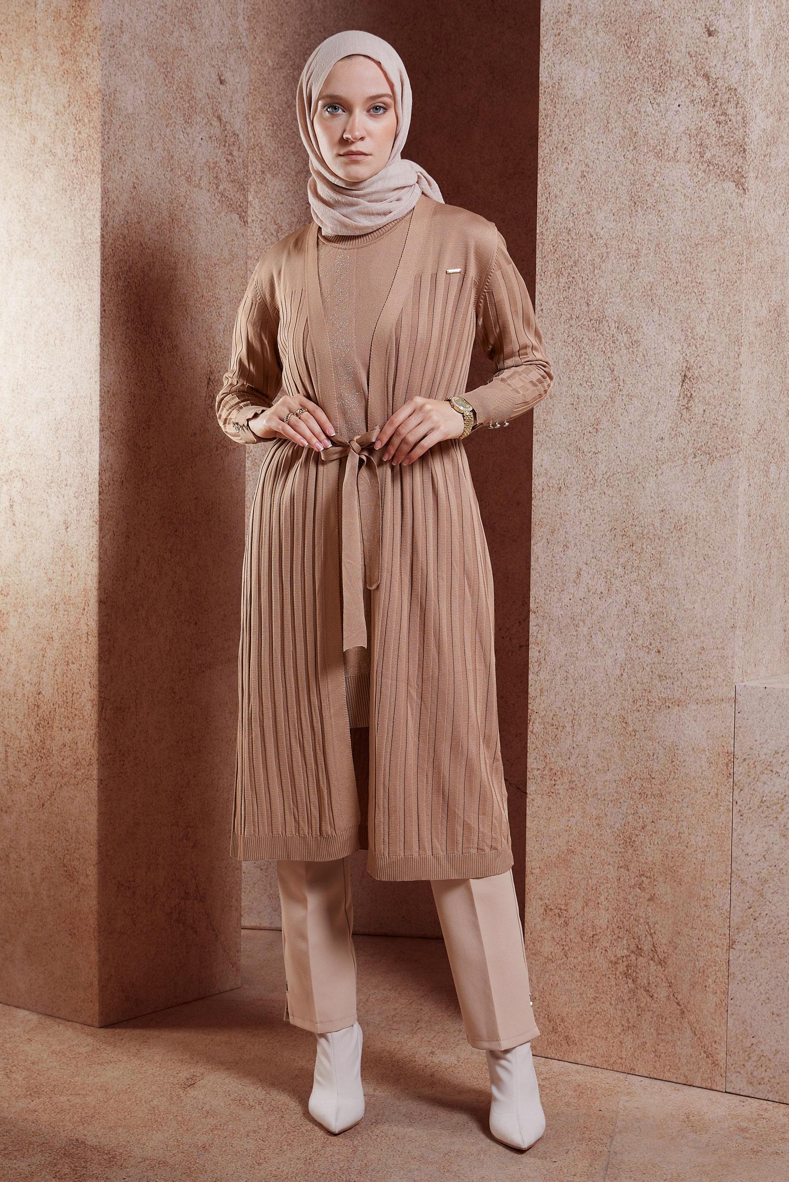 Tesettür giyim KAHVE KUŞAKLI TRİKO HIRKA 45002