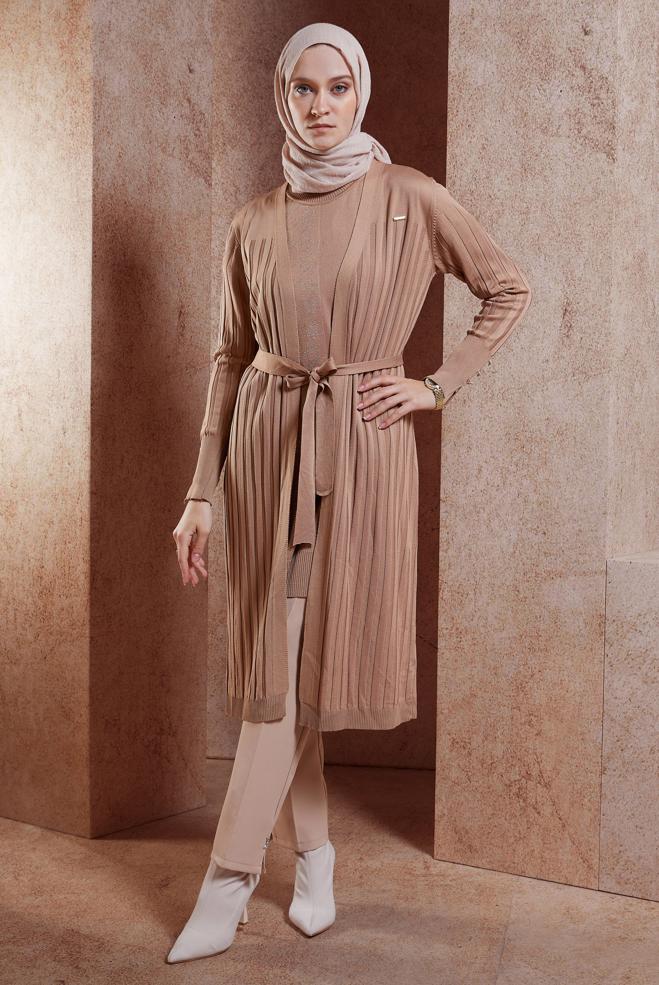 Hijab clothing BROWN BELTED KNITWEAR CARDIGAN 45002 - ALVİNA