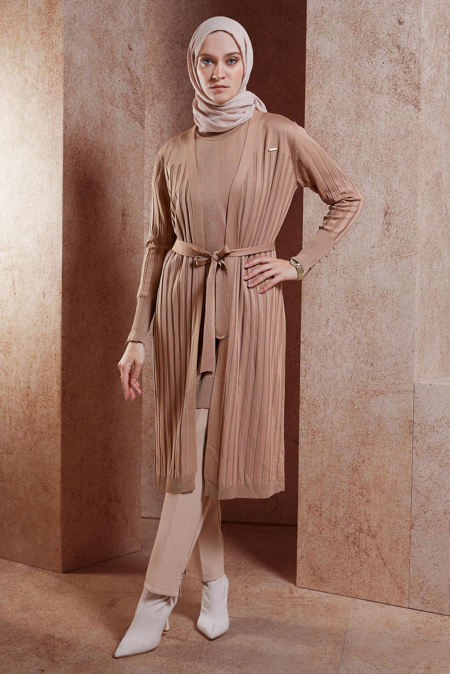 Tesettür giyim KAHVE KUŞAKLI TRİKO HIRKA 45002