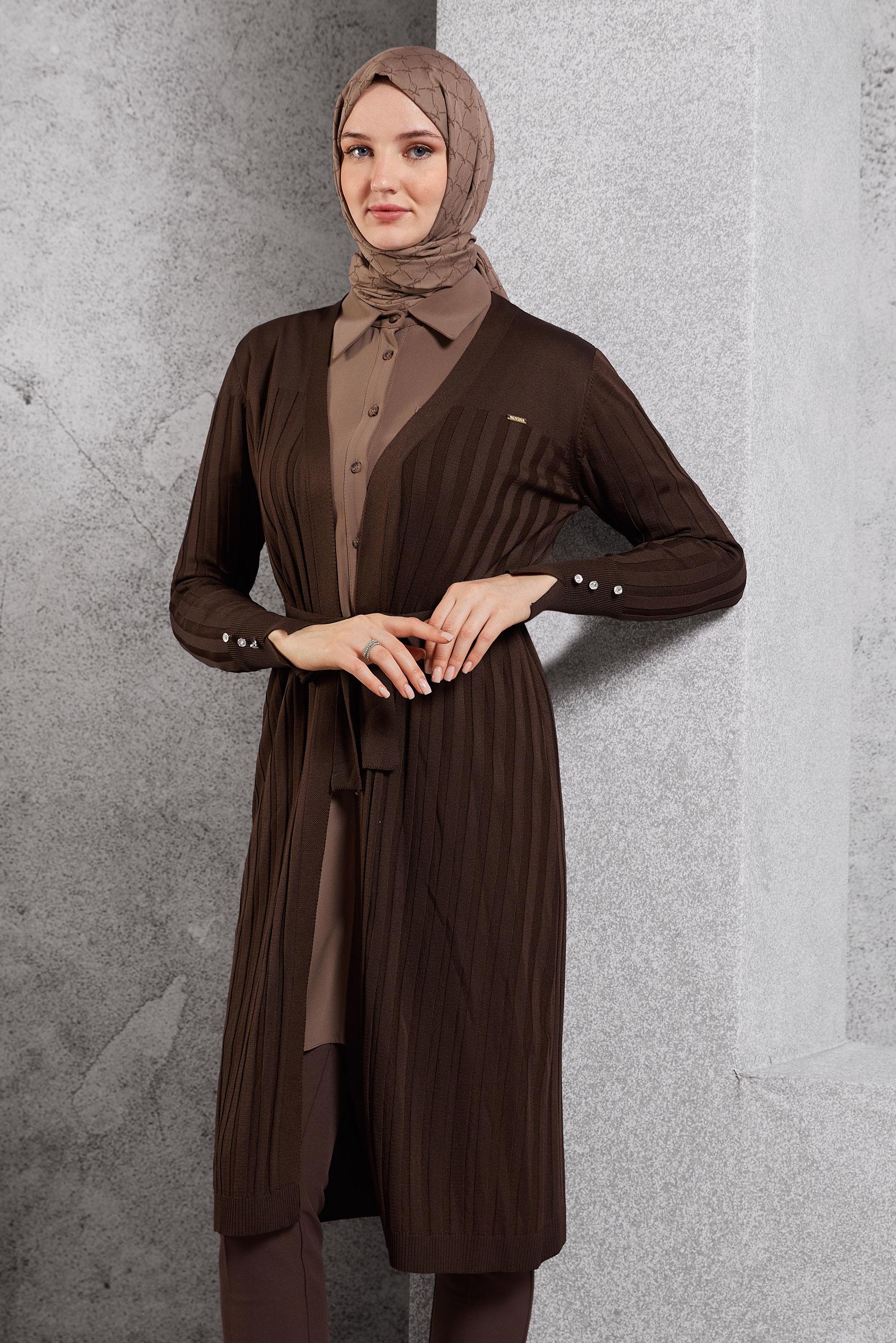 Vêtements hijab BRUN CARDIGAN EN MAILLE AVEC CEINTURE 45002
