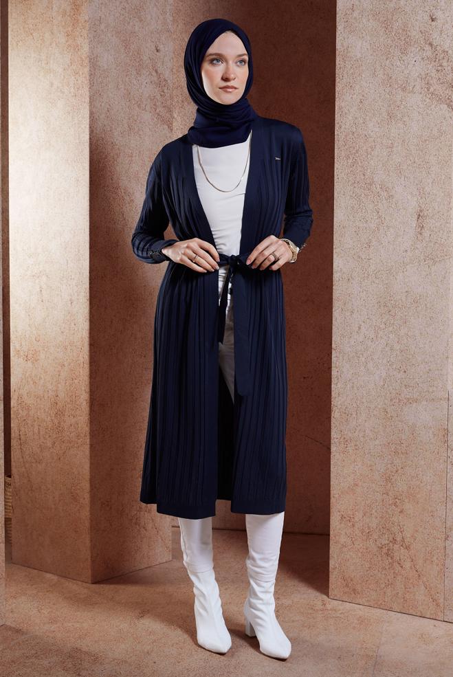 Hijab clothing NAVY BLUE BELTED KNITWEAR CARDIGAN 45002 - ALVİNA