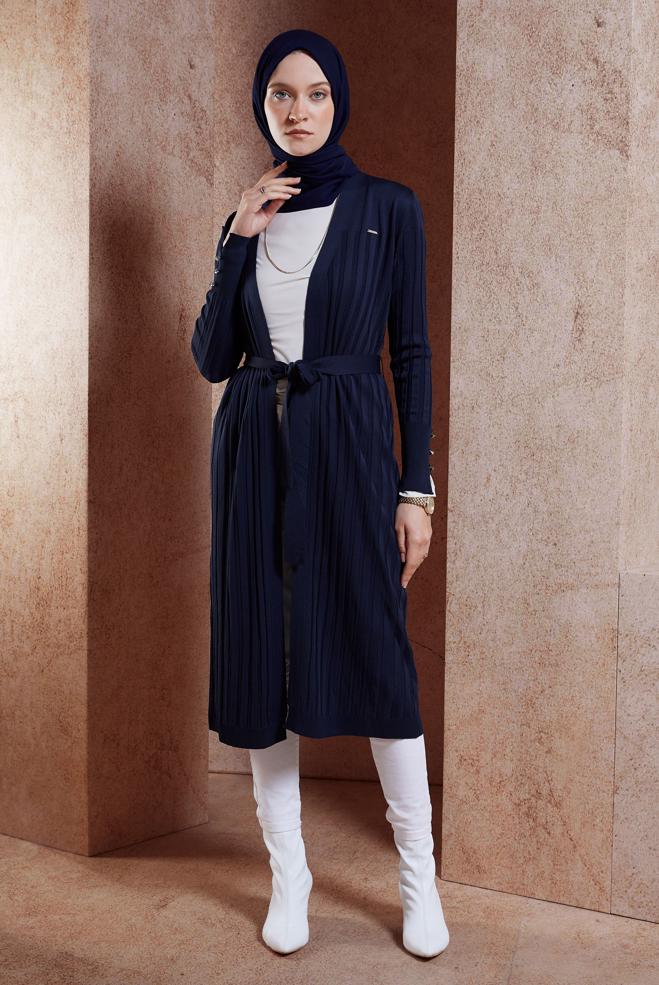 Hijab clothing NAVY BLUE BELTED KNITWEAR CARDIGAN 45002 - ALVİNA