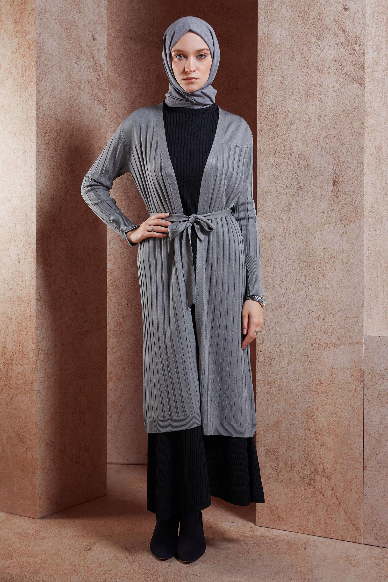 Hijab clothing GREY BELTED KNITWEAR CARDIGAN 45002