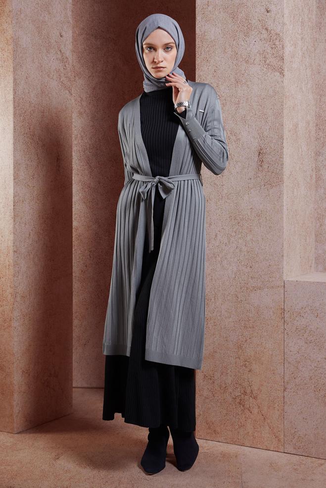 Hijab clothing GREY BELTED KNITWEAR CARDIGAN 45002 - ALVİNA