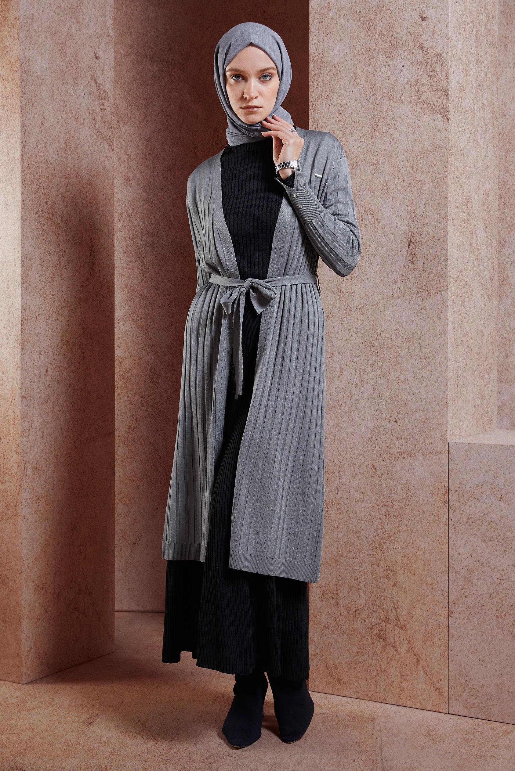Hijab clothing GREY BELTED KNITWEAR CARDIGAN 45002