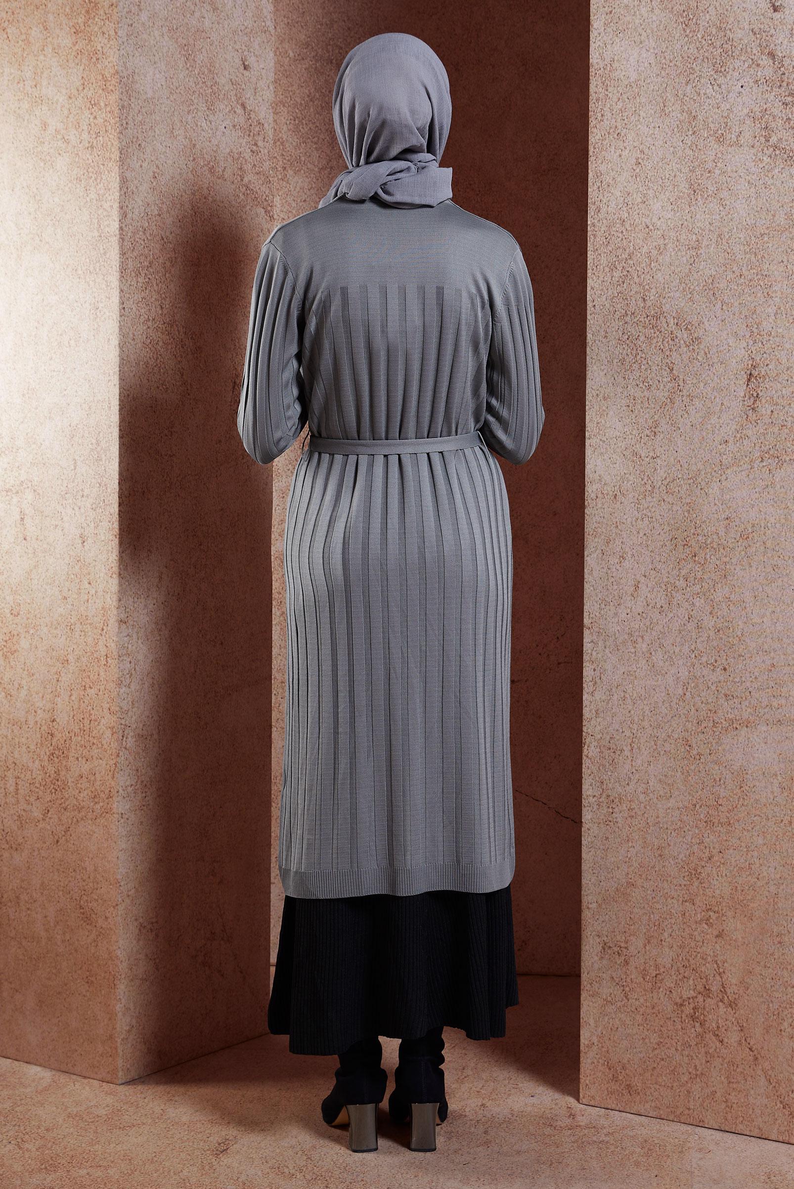 Hijab clothing GREY BELTED KNITWEAR CARDIGAN 45002