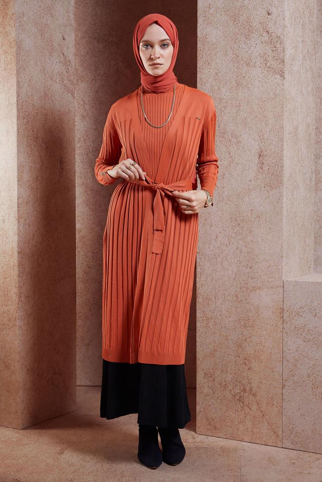 Hijab clothing ORANGE BELTED KNITWEAR CARDIGAN 45002 - ALVİNA