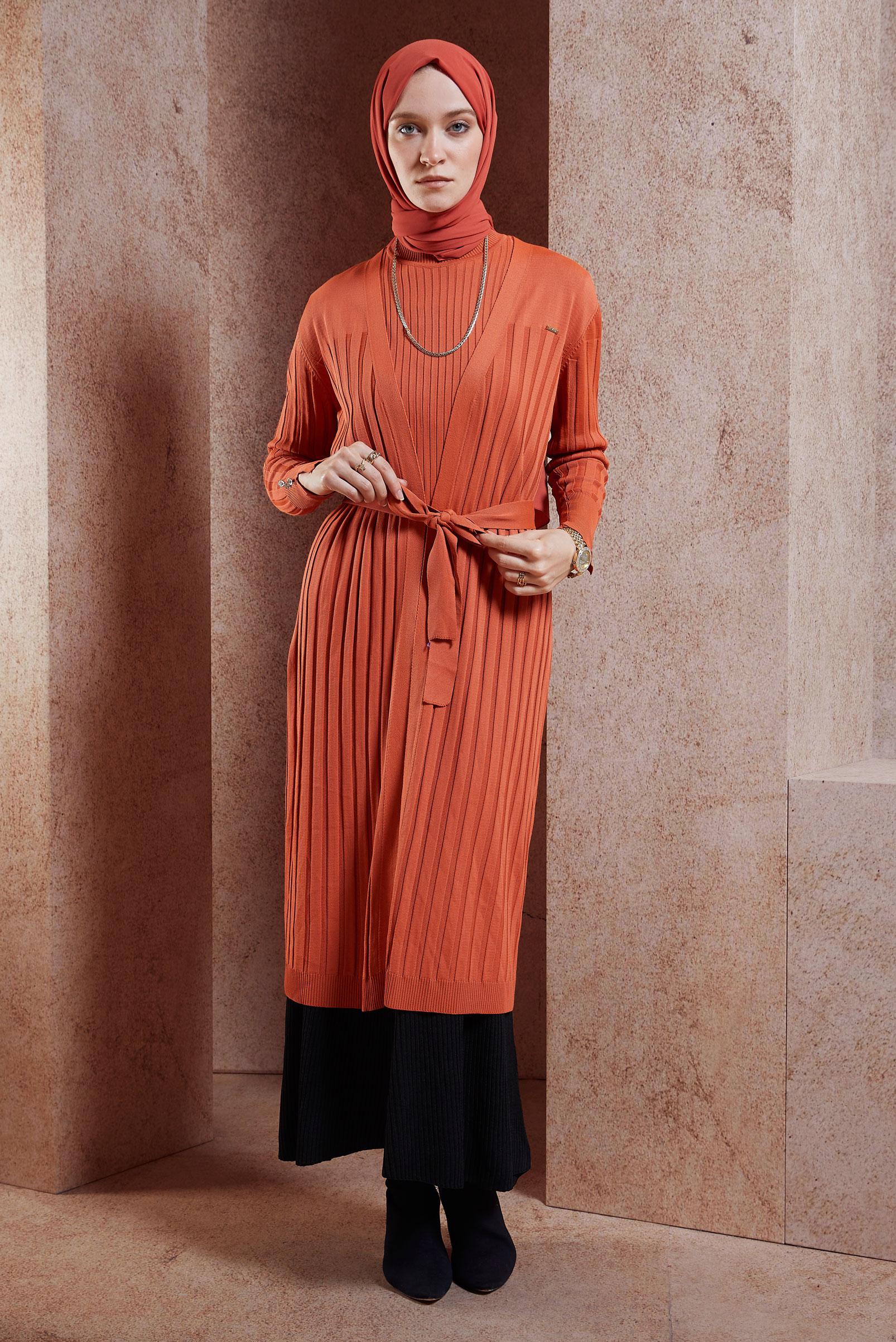 Vêtements hijab ORANGE CARDIGAN EN MAILLE AVEC CEINTURE 45002