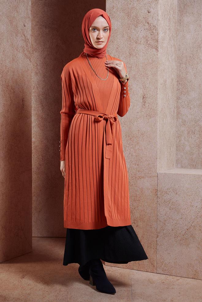 Hijab clothing ORANGE BELTED KNITWEAR CARDIGAN 45002 - ALVİNA