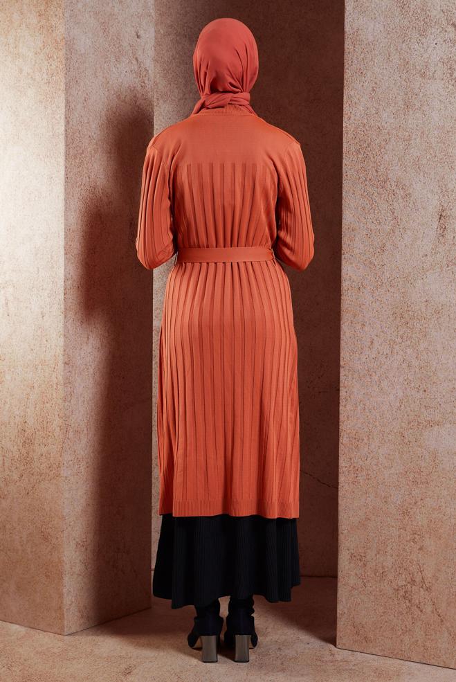Hijab clothing ORANGE BELTED KNITWEAR CARDIGAN 45002 - ALVİNA