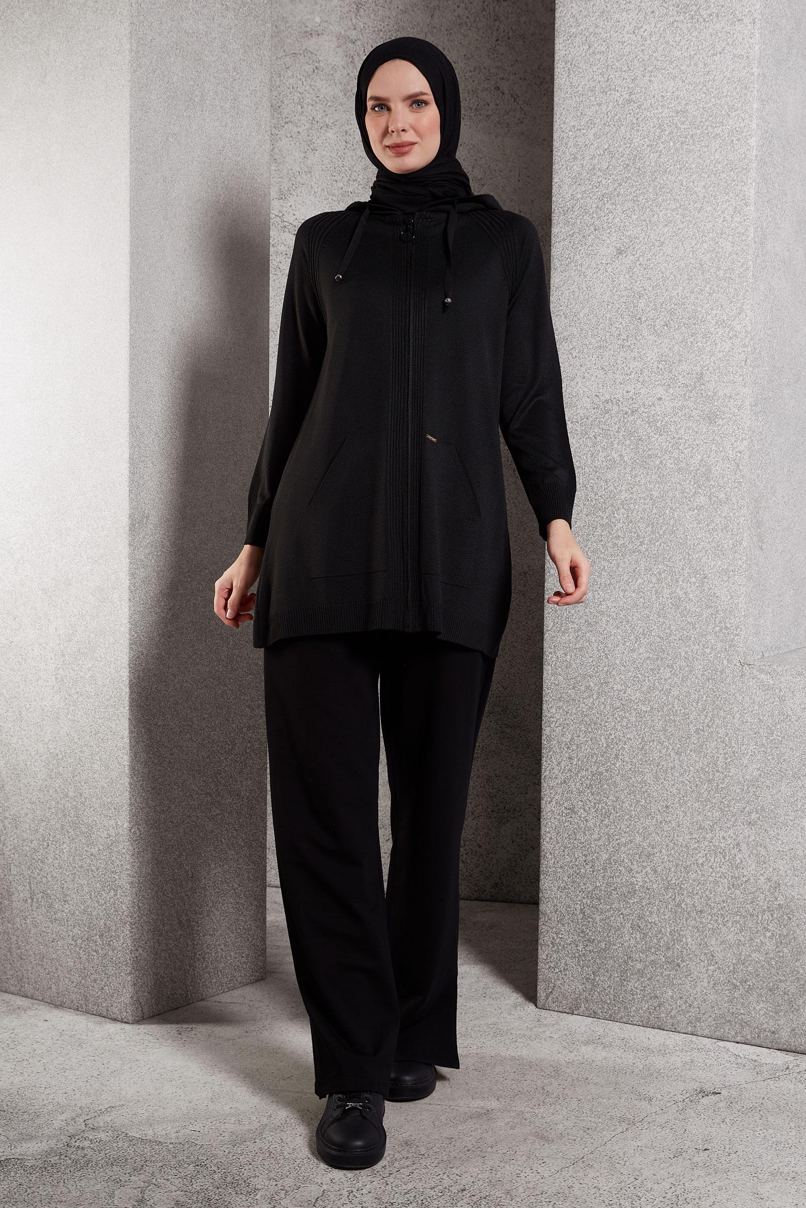 Tesettür giyim SİYAH KAPÜŞONLU TRİKO HIRKA 45012