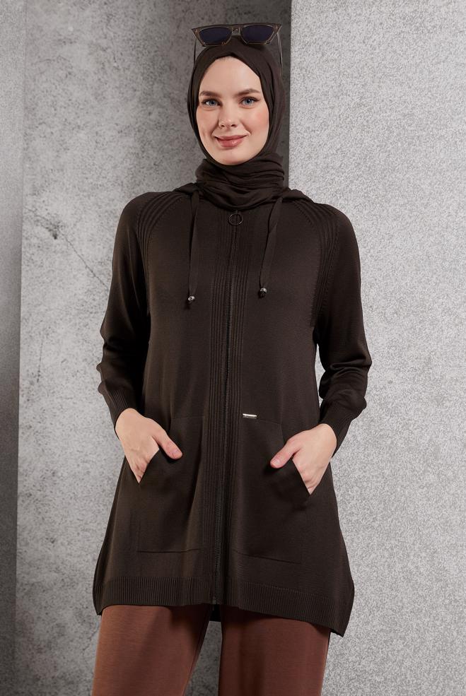Hijab clothing BROWN HOODED KNITWEAR CARDIGAN 45012 - ALVİNA