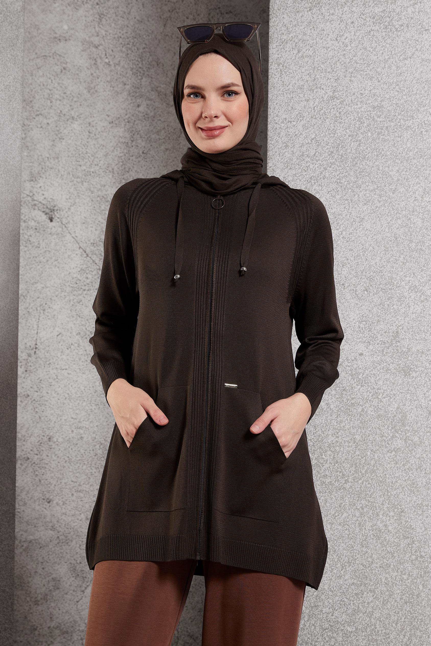Hijab clothing BROWN HOODED KNITWEAR CARDIGAN 45012
