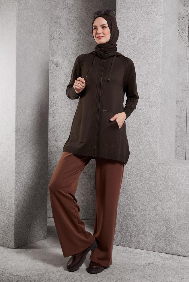 Hijab clothing BROWN HOODED KNITWEAR CARDIGAN 45012 - ALVİNA
