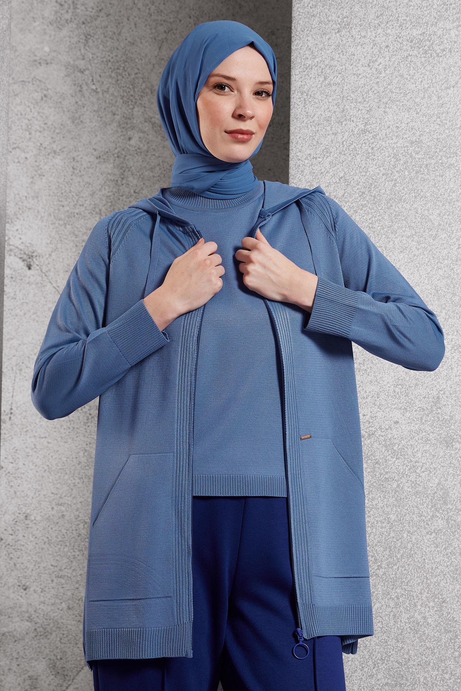 Hijab clothing NAVY BLUE HOODED KNITWEAR CARDIGAN 45012