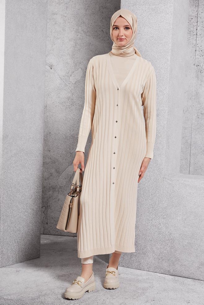 Hijab clothing BEIGE LONG KNITWEAR CARDIGAN 45017 - ALVİNA
