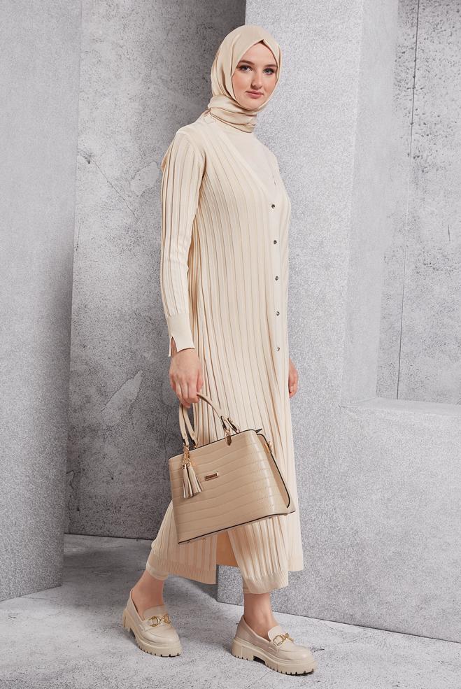 Hijab clothing BEIGE LONG KNITWEAR CARDIGAN 45017 - ALVİNA